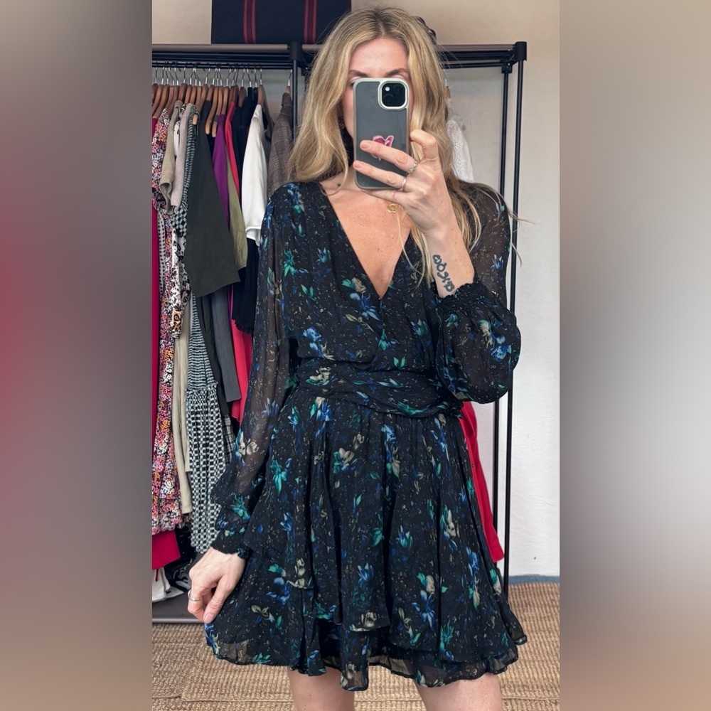 Anthropologie Blue Floral Long Sleeve V Neck Ruched Flowy Mini Boho Dress - Picture 3 of 14